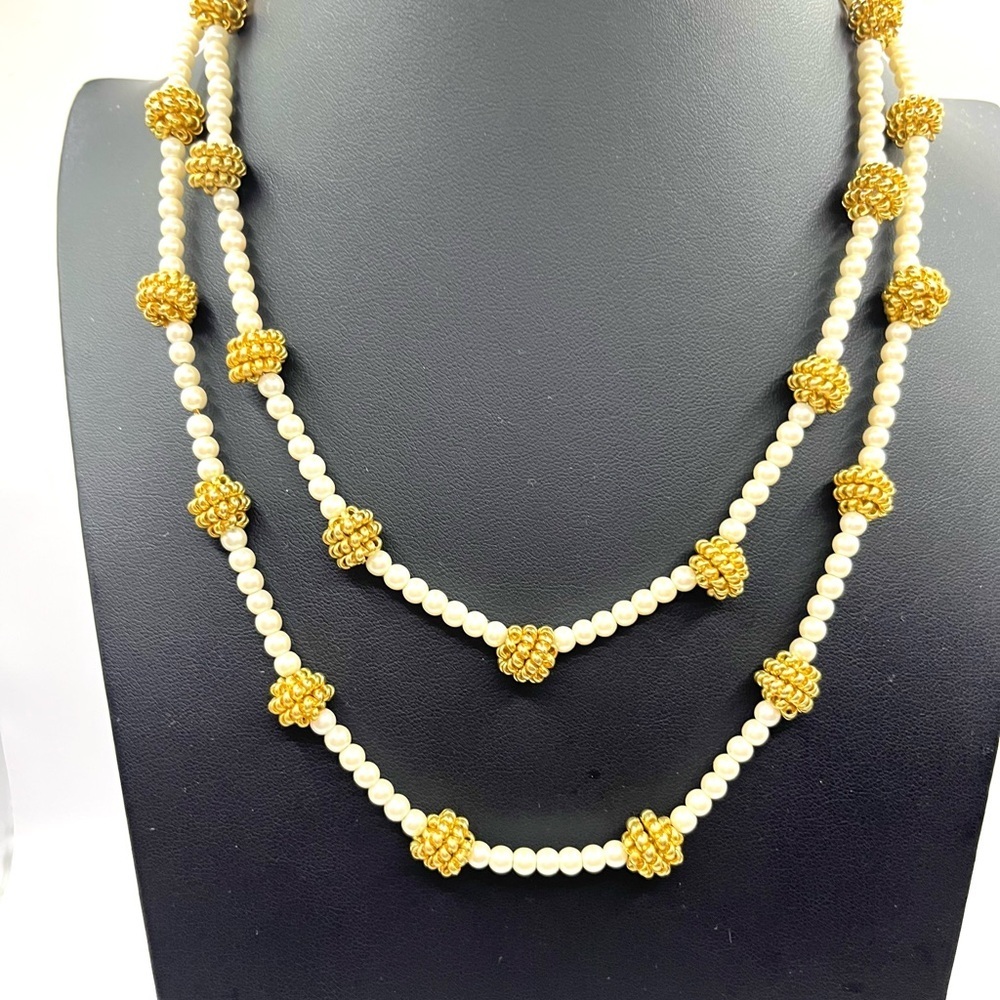 Vintage Anne Klein AK Gold Wire Bauble Faux Pearl Matinee Necklace  Lion Logo